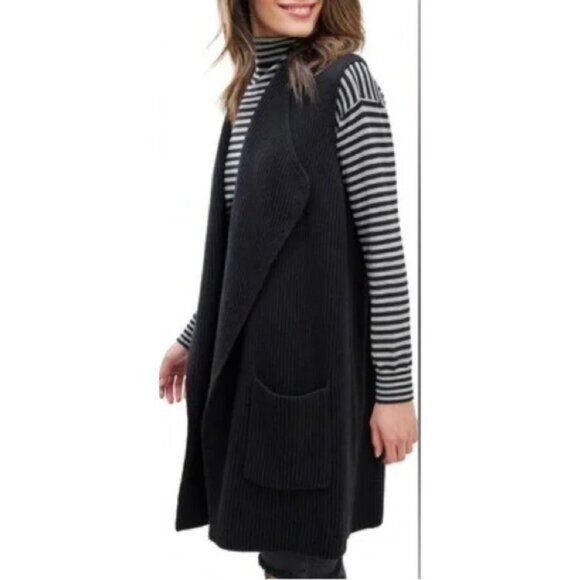 Anthropologie Splendid Juliet Black Ribbed Open Front Knit Vest X-Small - Picture 1 of 16